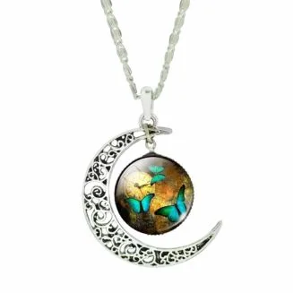 Fako Bijoux - Ketting - Cabochon - Vlinders Klok  - Maan - Bruin/Groen