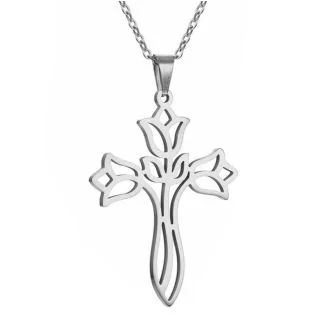 Fako Bijoux - Ketting Met Kruisje Tulpen - Stainless Steel - RVS - Staal - Zilverkleurig