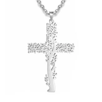Fako Bijoux - Ketting Met Kruisje Levensboom - Stainless Steel - RVS - Staal - Zilverkleurig