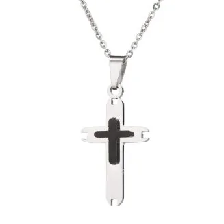 Fako Bijoux - Ketting Met Kruisje Zilver/Zwart - Stainless Steel - RVS - Staal - Zilverkleurig