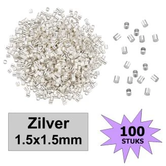 Fako Bijoux - Knijpkralen - Crimp Beads - Metaal - Tube - 1.5x1.5mm - 100 Stuks - Zilverkleurig