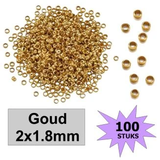 Fako Bijoux - Knijpkralen - Crimp Beads - Metaal - 2x1.8mm - 100 Stuks - Goudkleurig
