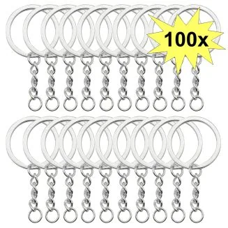 Fako Bijoux - Sleutelringen Met Ketting - Sleutelhanger Ringen - Splitringen Met Ketting - RVS - Plat - 30 mm - 100 Stuks