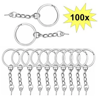 Fako Bijoux - Sleutelringen Met Schroefje - Sleutelhanger Ringen - Splitringen Met Ketting - RVS - Plat - 25 mm - 100 Stuks