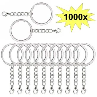 Fako Bijoux - Sleutelringen Met Karabijnsluiting - Sleutelhanger Ringen - Splitringen Met Ketting - RVS - Plat - 30 mm - 1000 Stuks
