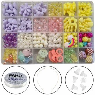 Fako Bijoux - Kralen Set Pastel - Acryl - Sieraden Maken - Box - 400 Stuks - Paars/Wit/Roze/Geel