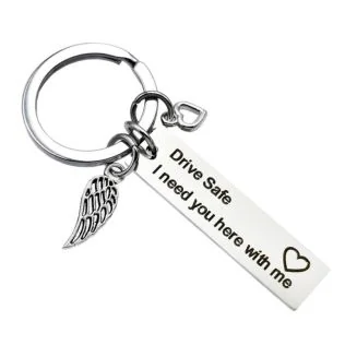 Fako Bijoux - Sleutelhanger Drive Safe, I Need You Here With Me - Vleugel & Hart - Cadeau - Geschenk - Zilverkleurig