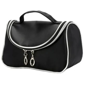 Fako Fashion - Make Up Tasje Met Spiegel - Cosmetica Organizer - Toilettas - Zwart Met Zilveren Bies