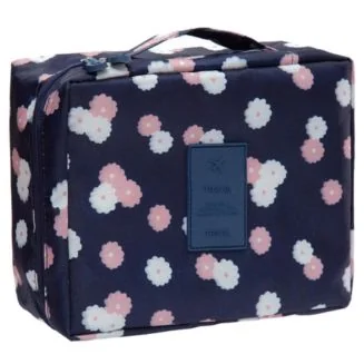 Fako Fashion - Make Up Tasje Rechthoek - Cosmetica Organizer - Toilettas - 21x16x8cm - Bloemen Navy Blauw