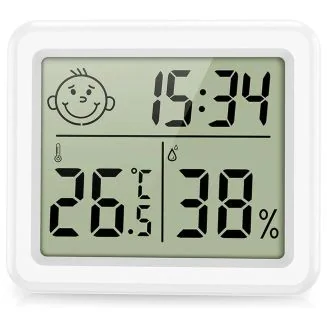 Fako Bijoux - Hygrometer - Weerstation - Luchtvochtigheidsmeter - Thermometer Voor Binnen - Klok - 80x70x10mm - Incl. Batterij & Plakstrip - Wit