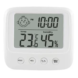 Fako Bijoux - Hygrometer - Weerstation - Luchtvochtigheidsmeter - Thermometer Voor Binnen - Klok - Alarmklok - 86x78x23mm - Incl. Batterijen - Wit