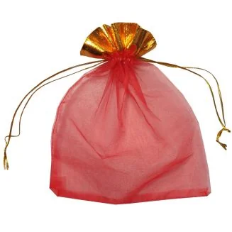 Fako Bijoux - Organza Zakken - 15x19cm - Feestzakjes - Snoepzakjes - Cadeauzakjes - Uitdeelzakjes - Sieradenzakjes - Rood Met Goud - 20 Stuks