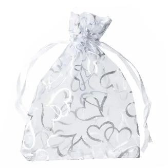 Fako Bijoux - Organza Zakjes - 10x12 cm - Feestzakjes - Snoepzakjes - Cadeauzakjes - Uitdeelzakjes - Sieradenzakjes - Hart Wit - 100 Stuks