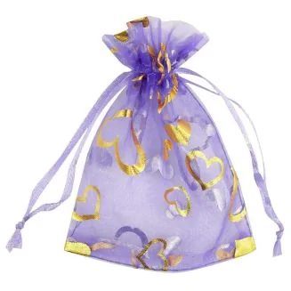 Fako Bijoux - Organza Zakjes - 10x12 cm - Feestzakjes - Snoepzakjes - Cadeauzakjes - Uitdeelzakjes - Sieradenzakjes - Hart Paars - 50 Stuks