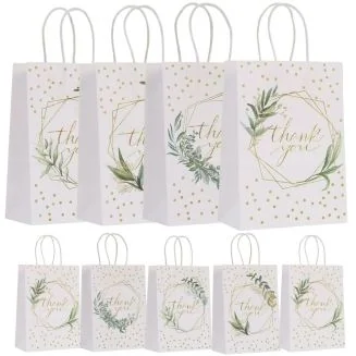 Fako Bijoux - 12 Papieren Uitdeeltasjes Thank You Wit - 15x8x21cm - Stevig Papier - Traktatie Zakjes - Papieren Tasjes - Cadeau Zakjes - Uitdeelzakjes - 4 Verschillende Motieven - Kraftpapier - 12 Stuks