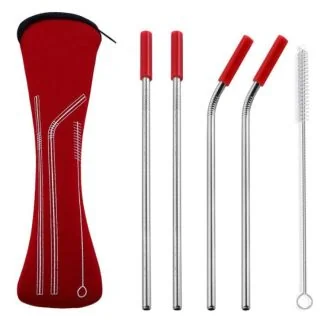Fako Bijoux - RVS Rietjes - 4 Stuks - 2 x Recht & 2 x Gebogen - 21 cm - 1 Schoonmaakborsteltje - Neopreen Etui - Rood