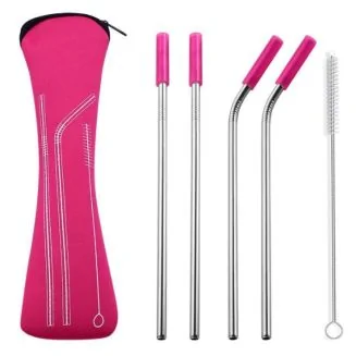 Fako Bijoux - RVS Rietjes - 4 Stuks - 2 x Recht & 2 x Gebogen - 21 cm - 1 Schoonmaakborsteltje - Neopreen Etui - Roze