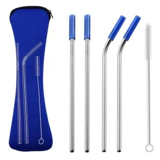 Fako Bijoux - RVS Rietjes - 4 Stuks - 2 x Recht & 2 x Gebogen - 21 cm - 1 Schoonmaakborsteltje - Neopreen Etui - Donkerblauw