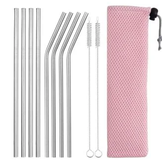 Fako Bijoux - RVS Rietjes Set -  8 Herbruikbare Rietjes - 4 Recht en 4 Gebogen - 21 cm - Duurzaam en Stijlvol - Incl 2 Schoonmaakborstels en Mesh Zakje - Roze