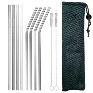 Fako Bijoux - RVS Rietjes Set -  8 Herbruikbare Rietjes - 4 Recht en 4 Gebogen - 21 cm - Duurzaam en Stijlvol - Incl 2 Schoonmaakborstels en Mesh Zakje - Army Groen