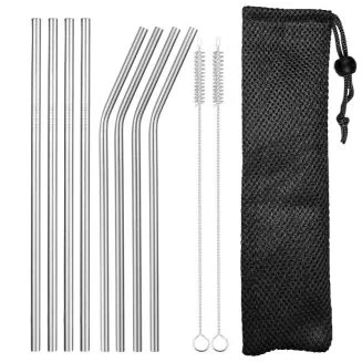 Fako Bijoux - RVS Rietjes Set -  8 Herbruikbare Rietjes - 4 Recht en 4 Gebogen - 21 cm - Duurzaam en Stijlvol - Incl 2 Schoonmaakborstels en Mesh Zakje - Zwart