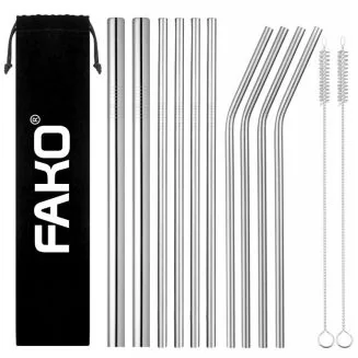 Fako Bijoux - RVS Rietjes Set -  10 Herbruikbare Rietjes - 4 Recht, 4 Gebogen & 2 XL - 21 cm - Duurzaam en Stijlvol - Incl 2 Schoonmaakborstels & Opbergzakje - Zilverkleurig
