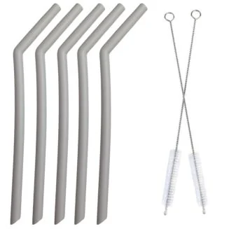Fako Bijoux - Siliconen Rietjes Set - 5 Herbruikbare Rietjes - 25 cm - 11 mm - Duurzaam en Hygiënisch - 2 Schoonmaakborstels - Gebogen - Grijs