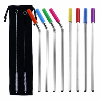 Fako Bijoux - RVS rietjes - 8 Stuks - 4 Recht & 4 Gebogen - 21 cm - 2 Schoonmaakborsteltjes - Mondstukjes - Bewaarzakje