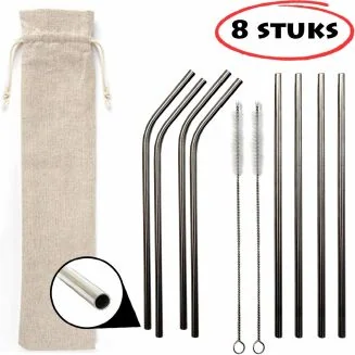 Fako Bijoux - RVS rietjes Set - Herbruikbaar - Herbruikbaar en Duurzaam - Inclusief 2 Borsteltjes - Recht & Gebogen - 8 Stuks