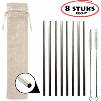 Fako Bijoux - RVS rietjes Set - Herbruikbaar - Herbruikbaar en Duurzaam - Inclusief 2 Borsteltjes - Recht - 8 Stuks