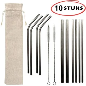 Fako Bijoux - RVS rietjes Set - Herbruikbaar - Herbruikbaar en Duurzaam - Inclusief 2 Borsteltjes - Recht & Gebogen - 10 Stuks