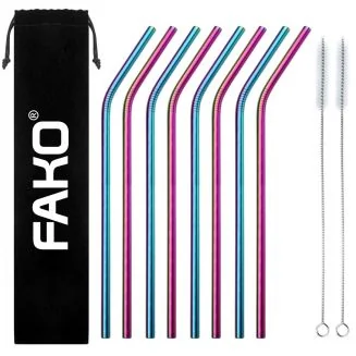 Fako Bijoux - RVS Rietjes - 8 Stuks - Gebogen - 21 cm - 2 Schoonmaakborsteltjes - Regenboog