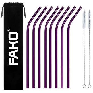 Fako Bijoux - RVS Rietjes - 8 Stuks - Gebogen - 21 cm - 2 Schoonmaakborsteltjes - Paars