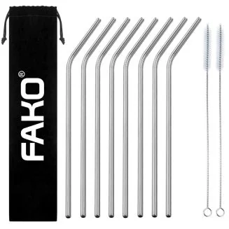 Fako Bijoux - RVS Rietjes - 8 Stuks - Gebogen - 21 cm - 2 Schoonmaakborsteltjes - Zilver