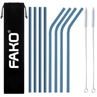 Fako Bijoux - RVS Rietjes - 8 Stuks - Recht & Gebogen - 21 cm - 2 Schoonmaakborsteltjes - Blauw