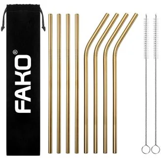 Fako Bijoux - RVS Rietjes - 8 Stuks - Recht & Gebogen - 21 cm - 2 Schoonmaakborsteltjes - Goudkleurig