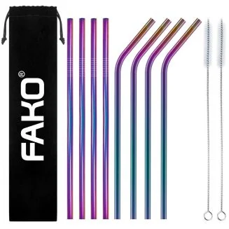 Fako Bijoux - RVS Rietjes - 8 Stuks - Recht & Gebogen - 21 cm - 2 Schoonmaakborsteltjes - Regenboog