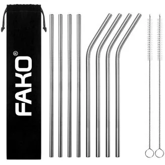 Fako Bijoux - RVS Rietjes - 8 Stuks - Recht & Gebogen - 21 cm - 2 Schoonmaakborsteltjes - Zilver