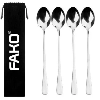 Fako Bijoux - 4 Lange Lepels - Latte Macchiato - Longdrink - Cocktail - Dessert - IJs - Koffie - Zilver - 4 Stuks - Bewaarzakje