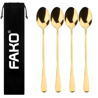 Fako Bijoux - 4 Lange Lepels - Latte Macchiato - Longdrink - Cocktail - Dessert - IJs - Koffie - Goud - 4 Stuks - Bewaarzakje