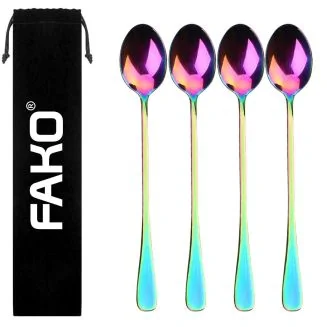 Fako Bijoux - 4 Lange Lepels - Latte Macchiato - Longdrink - Cocktail - Dessert - IJs - Koffie - Regenboog - 4 Stuks - Bewaarzakje