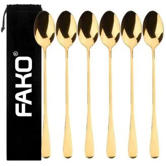 Fako Bijoux - 6 Lange Lepels - Latte Macchiato - Longdrink - Cocktail - Dessert - IJs - Koffie - Goud - 6 Stuks - Bewaarzakje