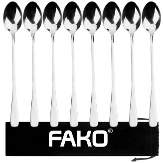 Fako Bijoux - 8 Lange Lepels - Latte Macchiato - Longdrink - Cocktail - Dessert - IJs - Koffie - Zilver - 8 Stuks - Bewaarzakje