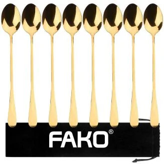 Fako Bijoux - 8 Lange Lepels - Latte Macchiato - Longdrink - Cocktail - Dessert - IJs - Koffie - Goud - 8 Stuks - Bewaarzakje