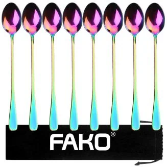Fako Bijoux - 8 Lange Lepels - Latte Macchiato - Longdrink - Cocktail - Dessert - IJs - Koffie - Regenboog - 8 Stuks - Bewaarzakje