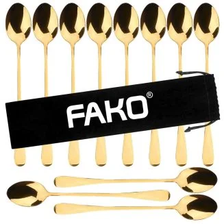 Fako Bijoux - 12 Lange Lepels - Latte Macchiato - Longdrink - Cocktail - Dessert - IJs - Koffie - Goud - 12 Stuks - Bewaarzakje