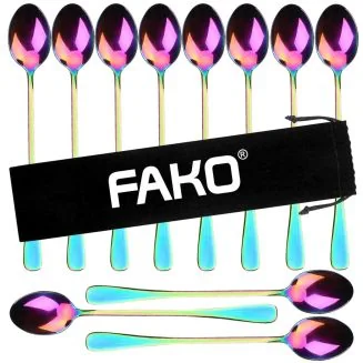 Fako Bijoux - 12 Lange Lepels - Latte Macchiato - Longdrink - Cocktail - Dessert - IJs - Koffie - Regenboog - 12 Stuks - Bewaarzakje