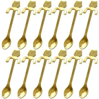 Fako Bijoux - 12x Theelepel / Koffielepel Hangende Kat - Goud - 12 Stuks