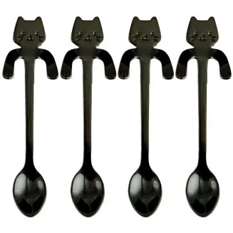 Fako Bijoux - Theelepel / Koffielepel Hangende Kat - Zwart - 4 Stuks