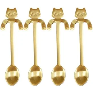 Fako Bijoux - Theelepel / Koffielepel Hangende Kat - Goudkleurig - 4 Stuks
